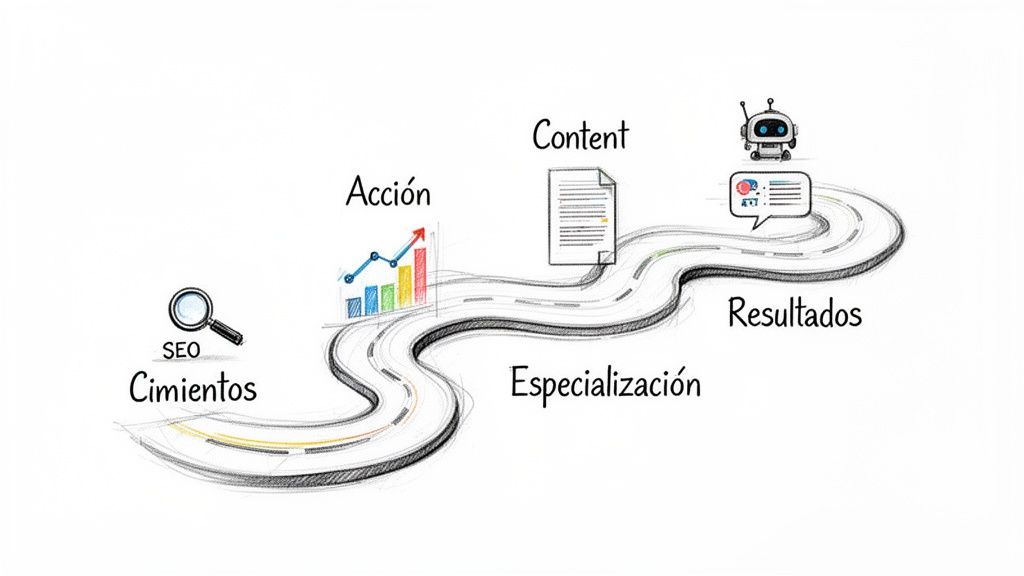 Diagrama de un camino que ilustra las etapas de una estrategia SEO: Cimientos, Acción, Especialización, Contenido y Resultados.