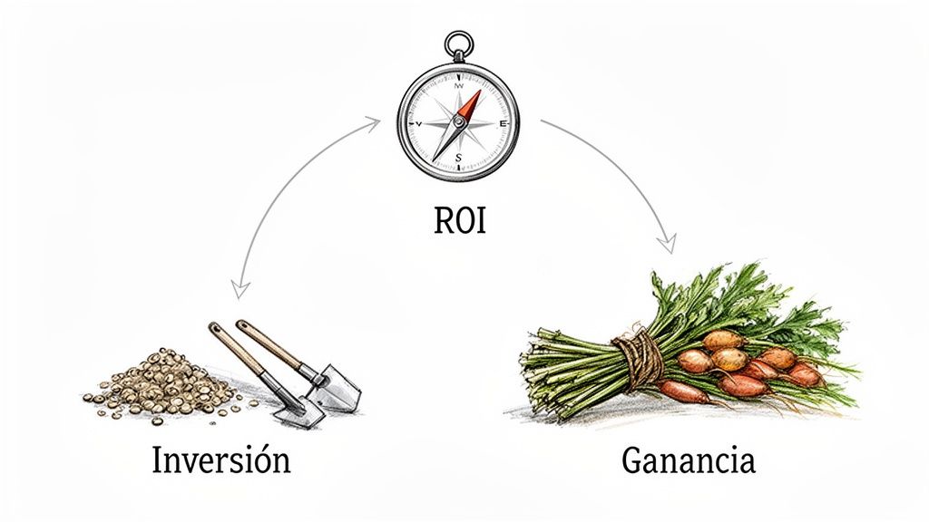 Ilustración del ROI: una brújula dirige la inversión (semillas y palas) hacia la ganancia (zanahorias).