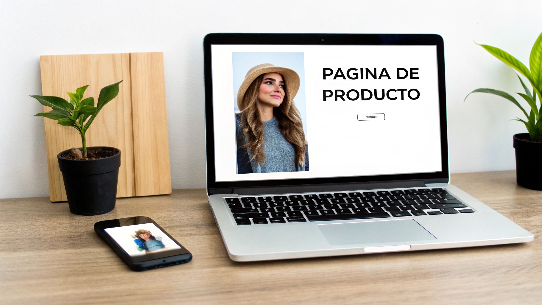 Laptop mostrando una página de producto con una mujer en un sombrero, junto a un smartphone.