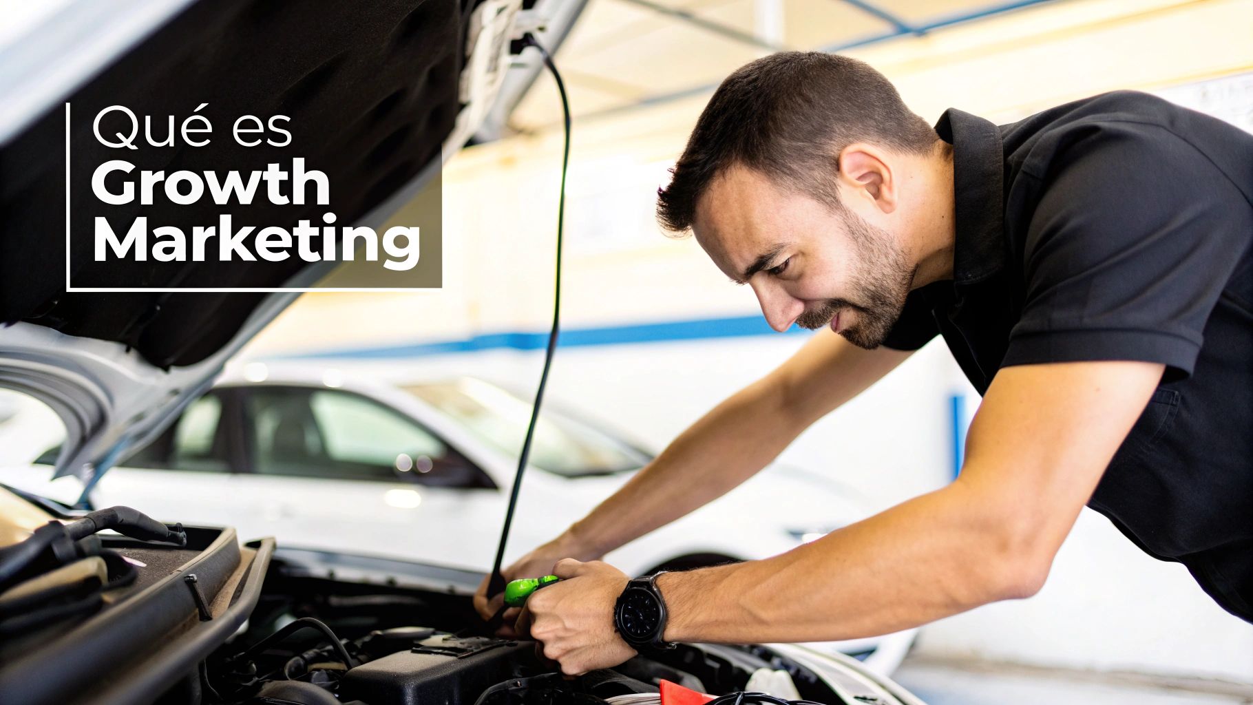 Un mecánico barbudo examinando el motor abierto de un coche con herramientas en un taller automotriz.
