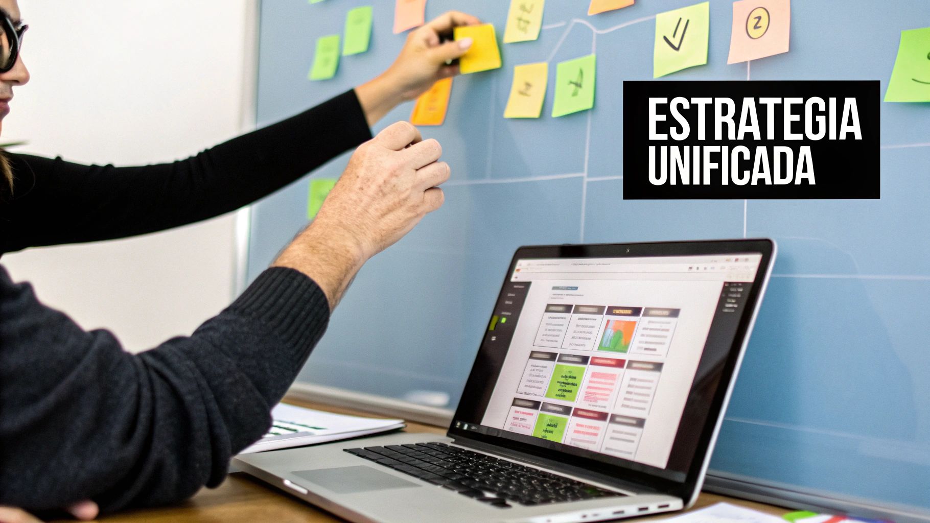 Personas colaborando en una pizarra con notas adhesivas, planificando una estrategia unificada con un portátil.