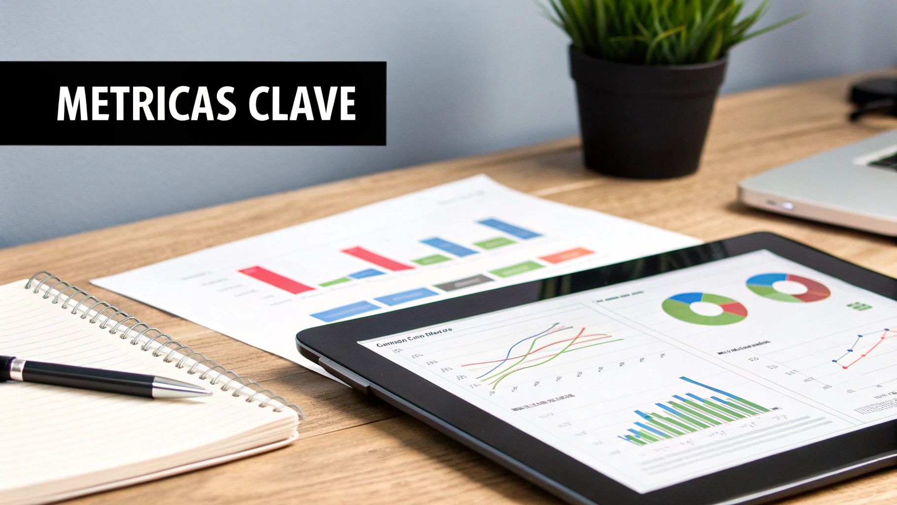 Mesa de oficina con tablet mostrando gráficos y métricas clave, cuaderno, bolígrafo y documentos.