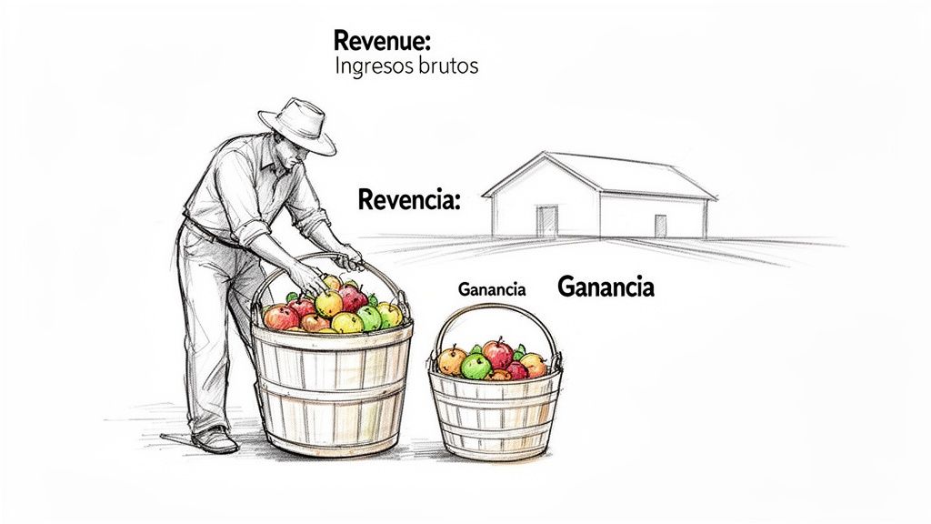 Ilustración de un agricultor con manzanas, representando la diferencia entre ingresos brutos y ganancia neta.
