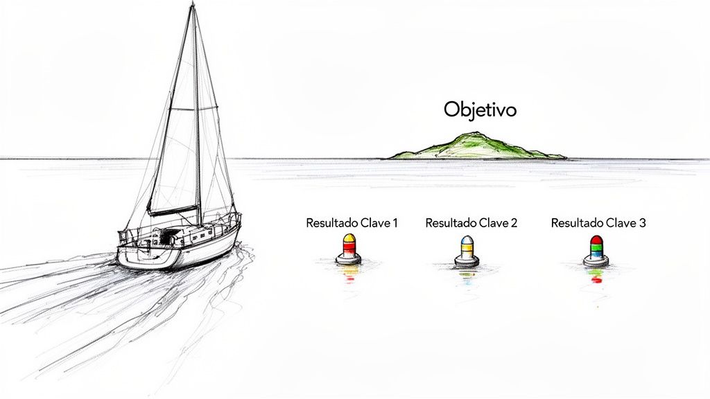 Dibujo de un velero navegando hacia una isla con un 'Objetivo' y tres 'Resultados Clave' marcados por boyas.
