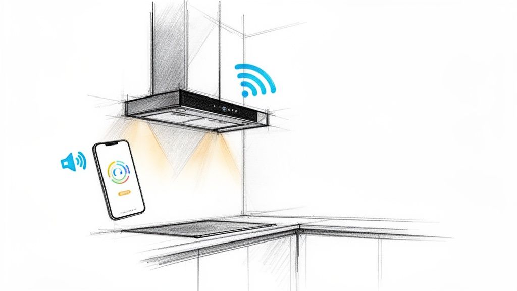 Okos páraelszívó és főzőlap konyhai vázlaton, telefonos vezérléssel és Wi-Fi kapcsolattal a modern otthonért.