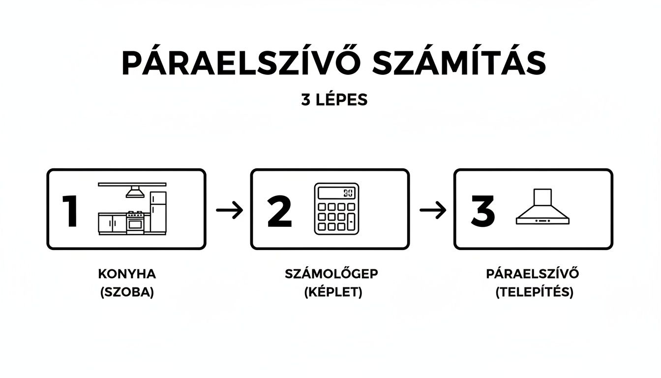 Páraelszívó számítás 3 lépésben: konyha, számológép, páraelszívó telepítés ikonokkal illusztrálva.