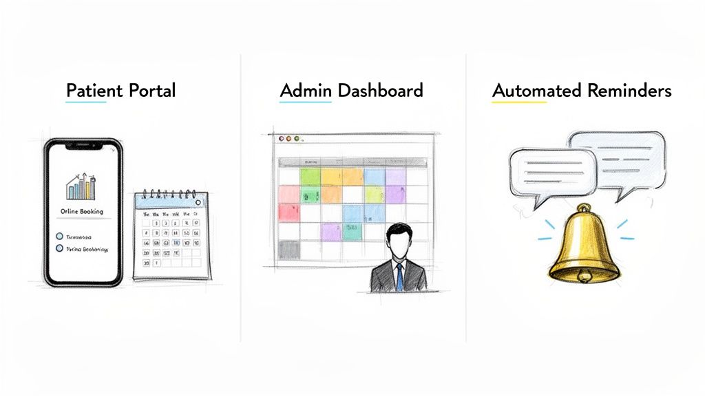 Illustrations of patient portal for online booking, admin dashboard for scheduling, and automated reminders.
