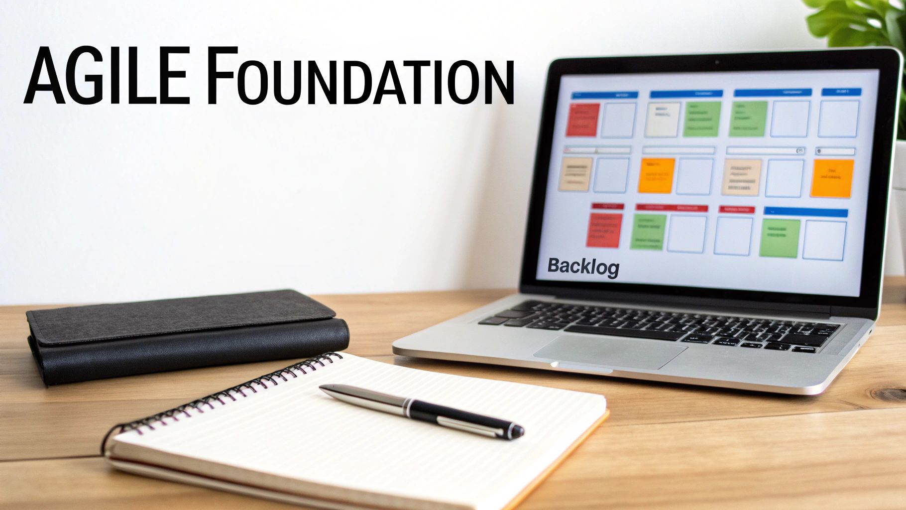 A desk with a laptop displaying an Agile board, a notebook, and a pen, with 'AGILE FOUNDATION' on the wall.