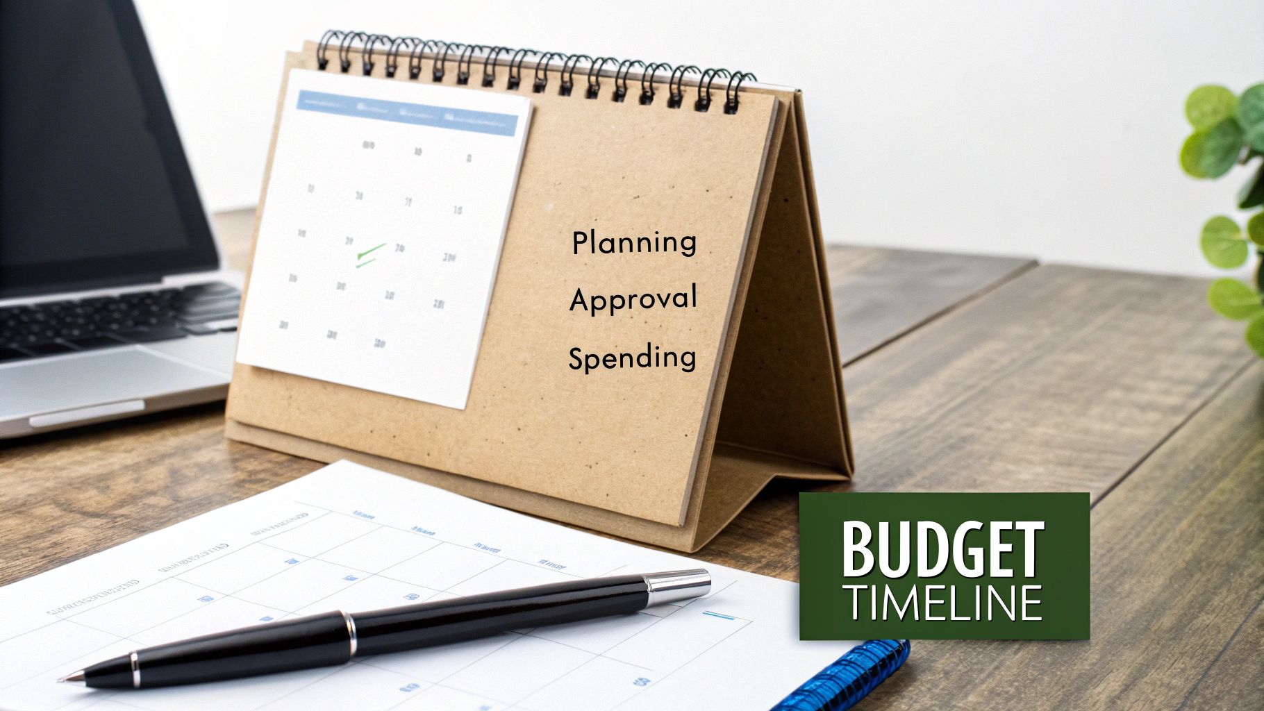 A desk with a laptop, calendar showing planning, approval, spending, and a budget timeline sign.
