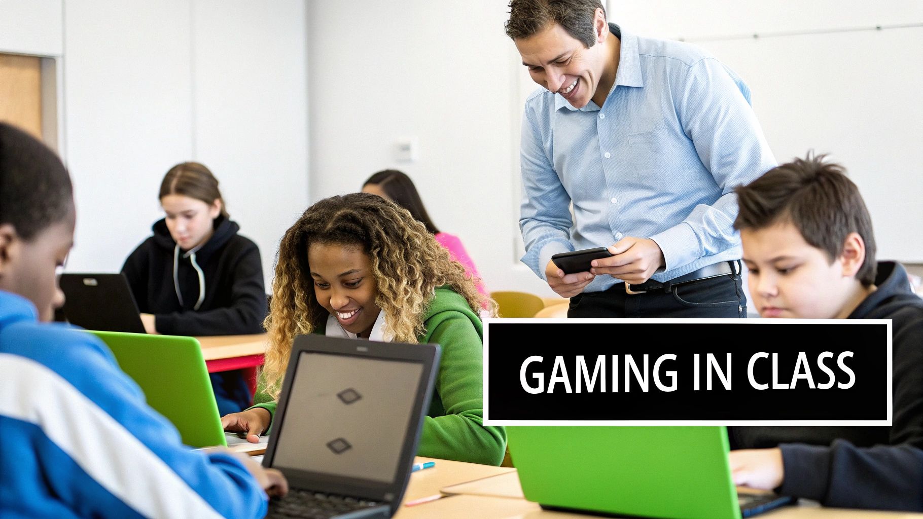 Smiling teacher watches diverse students happily engaged with laptops in a modern classroom setting.