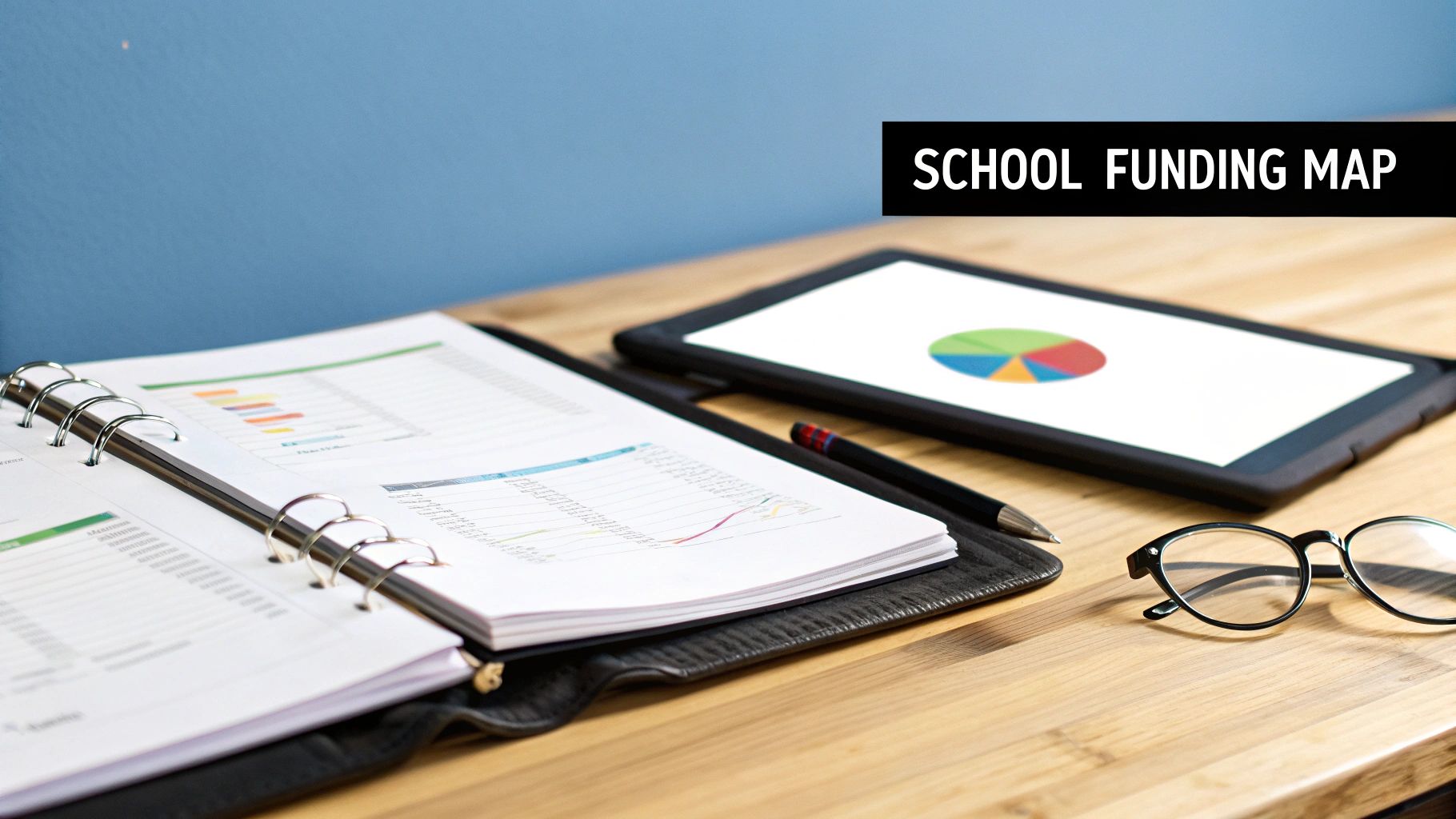 Desk with open binder, tablet displaying charts, pen, and glasses, with 'SCHOOL FUNDING MAP' text.