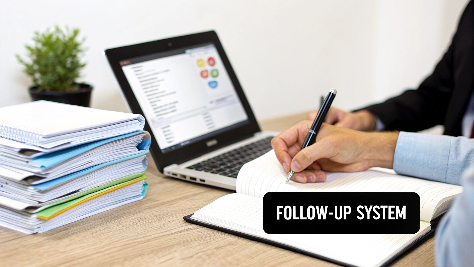 A person writing in a notebook on a desk with a laptop, files, and 'FOLLOW-UP SYSTEM' text.