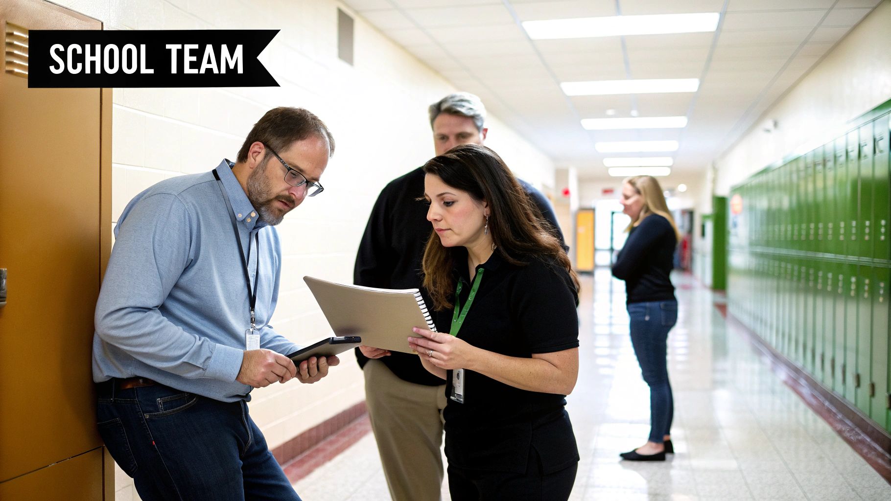 A school team collaborates in a bright hallway, reviewing notes and a tablet, with lockers in background.
