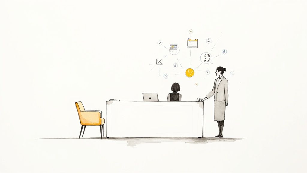 Illustration of two women at an office desk with a network of virtual communication icons above.