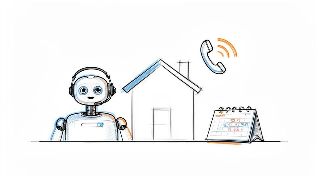 Sketch of a friendly robot virtual receptionist with a headset, house, phone, and calendar.