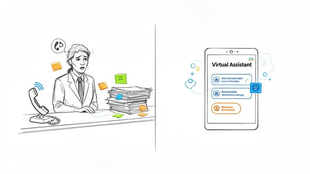 A frustrated professional overwhelmed by a ringing phone and paperwork, contrasted with an efficient virtual assistant app on a smartphone.