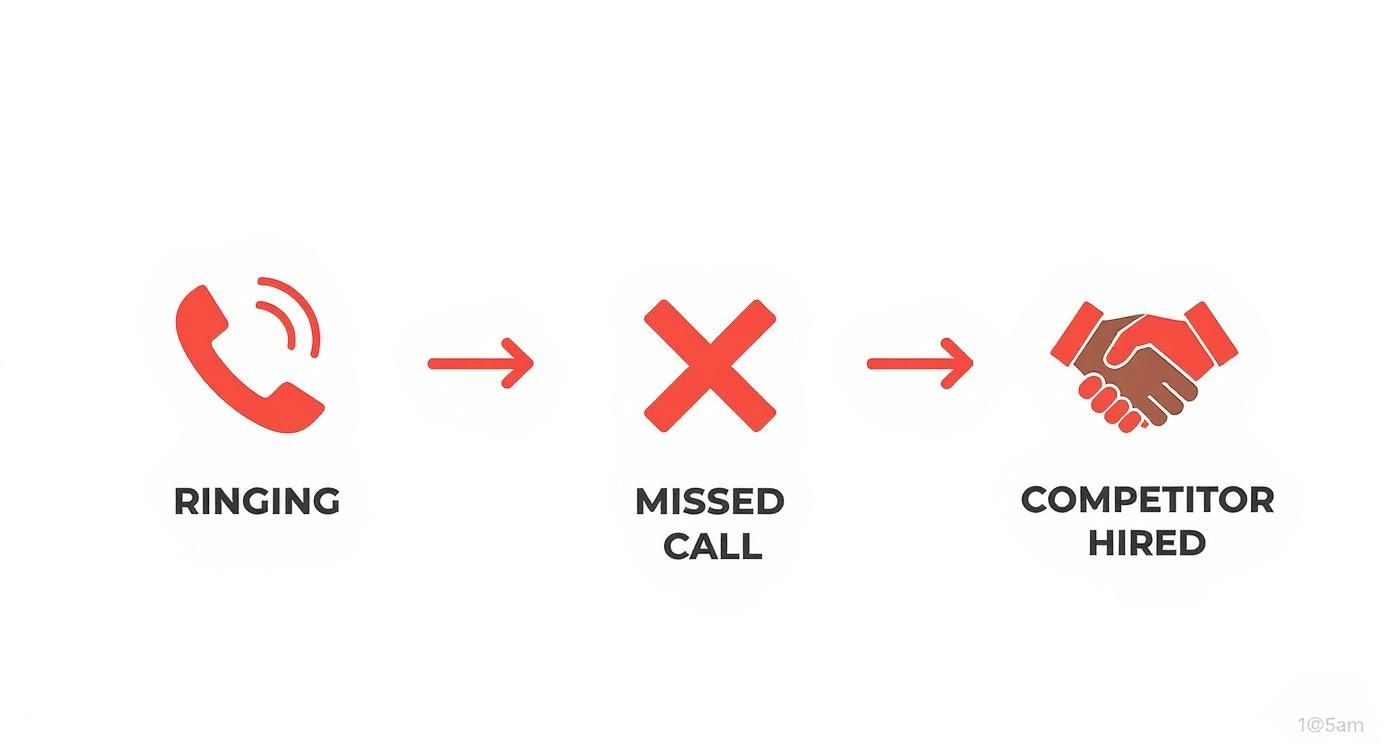 Diagram illustrating a ringing phone, leading to a missed call, which results in a competitor being hired.