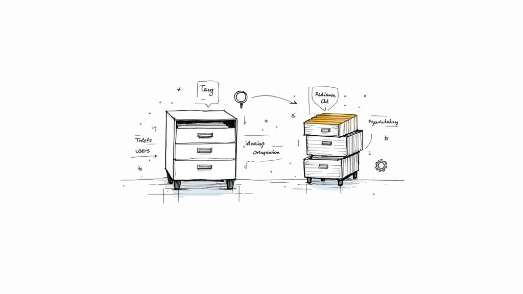 Hand-drawn sketch illustrating a workflow for organizing tickets and user data in filing cabinets.