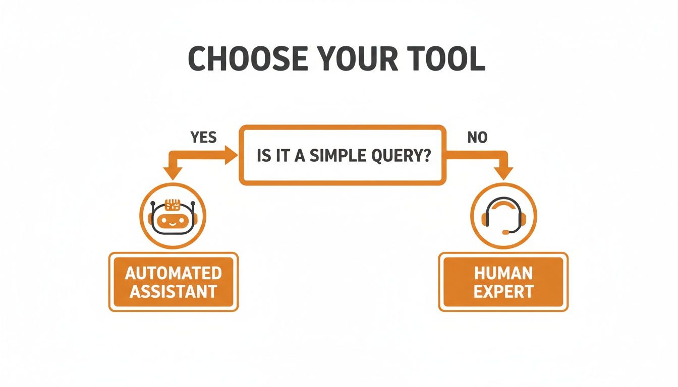 Flowchart depicting the choice between an automated assistant and a human expert based on query complexity.