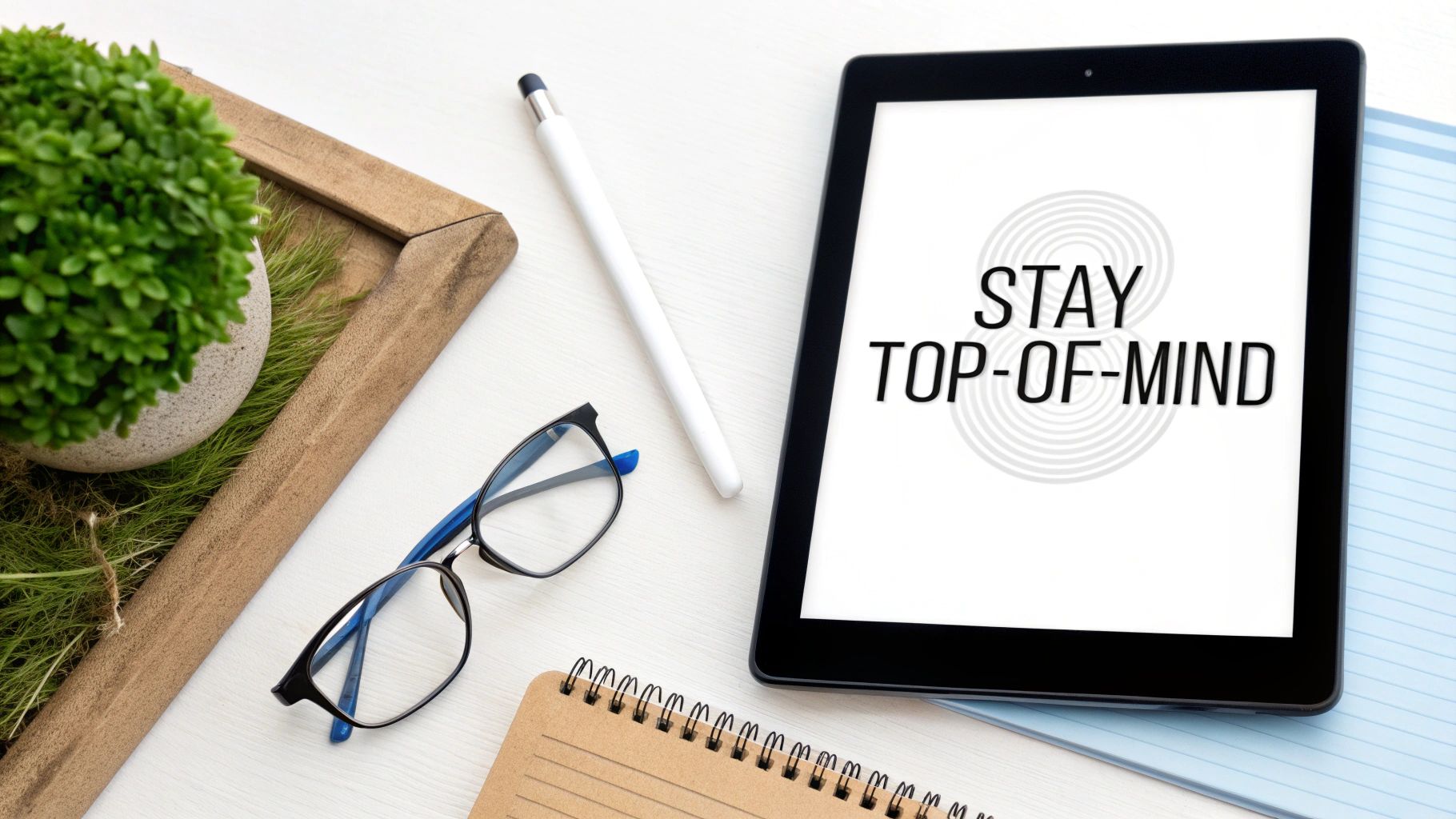 A top-down view of a modern workspace with a tablet displaying 'STAY TOP-OF-MIND', glasses, and a potted plant.