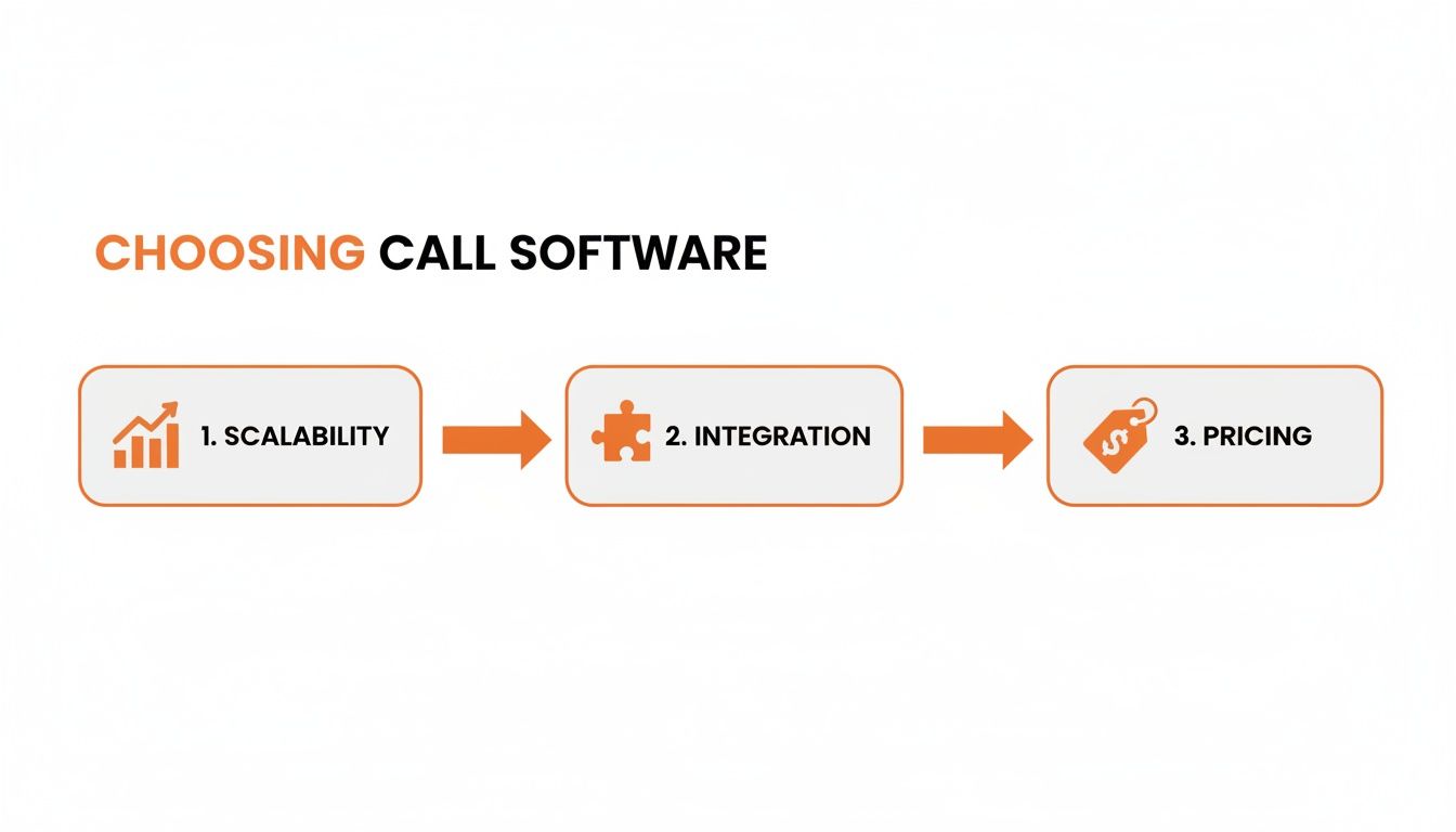 A diagram showing three key factors for choosing call software: scalability, integration, and pricing.