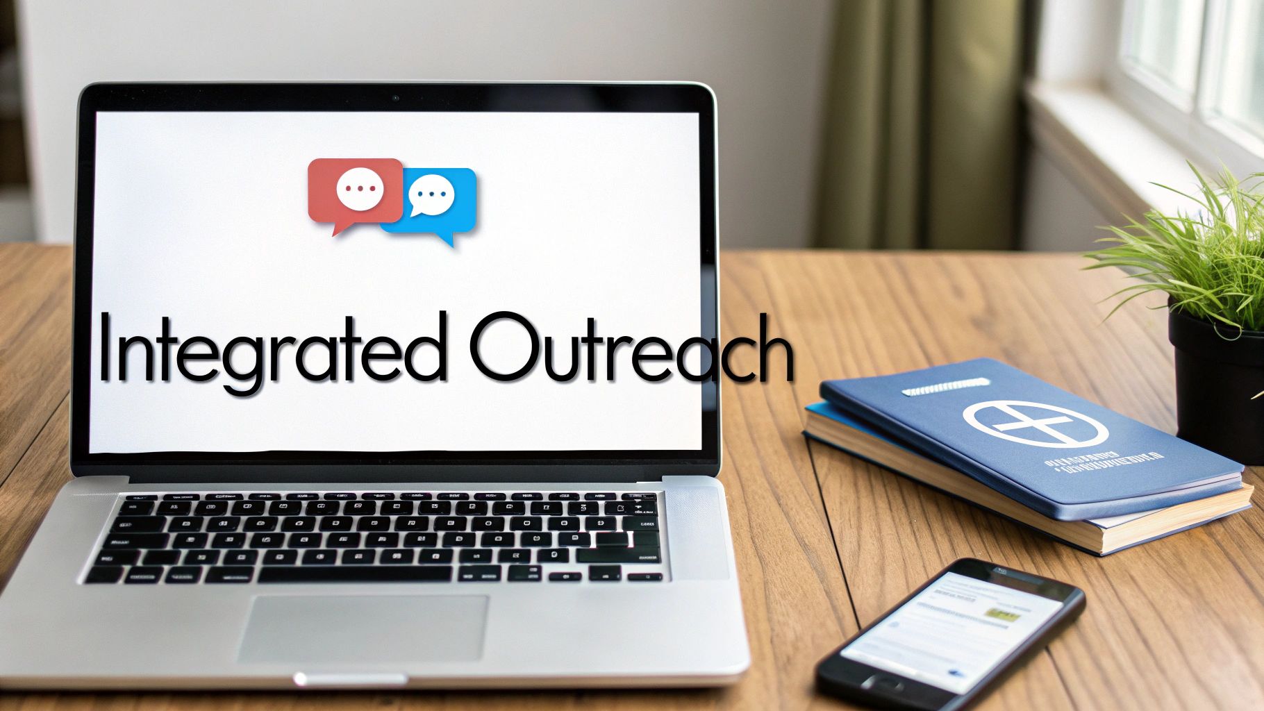 A laptop displays 'Integrated Outreach' and chat bubble icons, with books, a plant, and a phone on a desk.