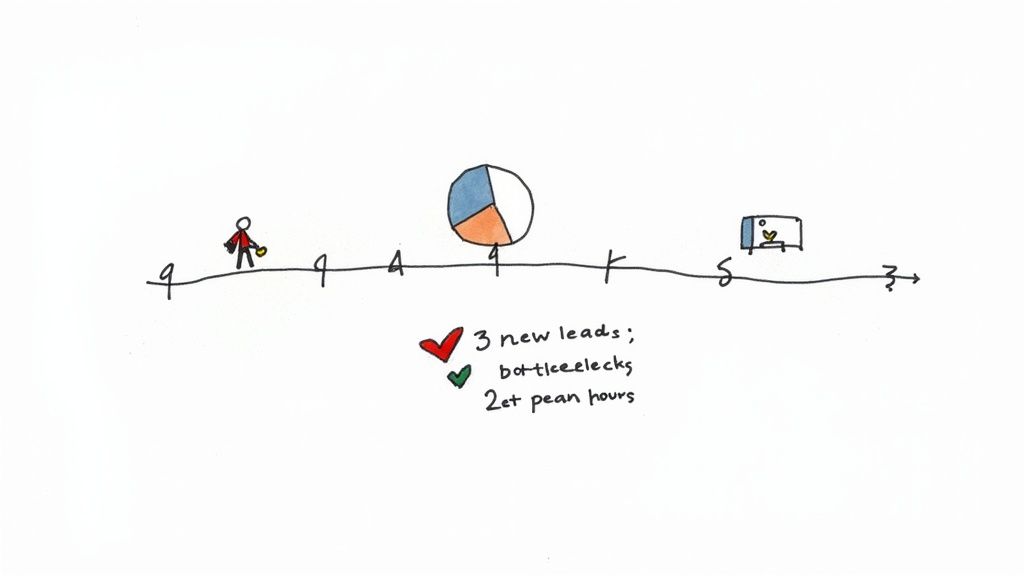 Hand-drawn timeline illustration showing business metrics like leads, bottlenecks, and a pie chart.