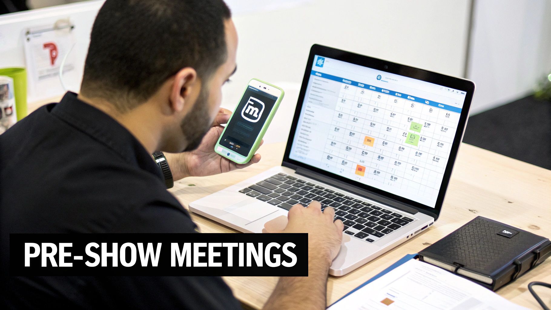 A professional plans pre-show meetings using a laptop and smartphone for efficient event management.