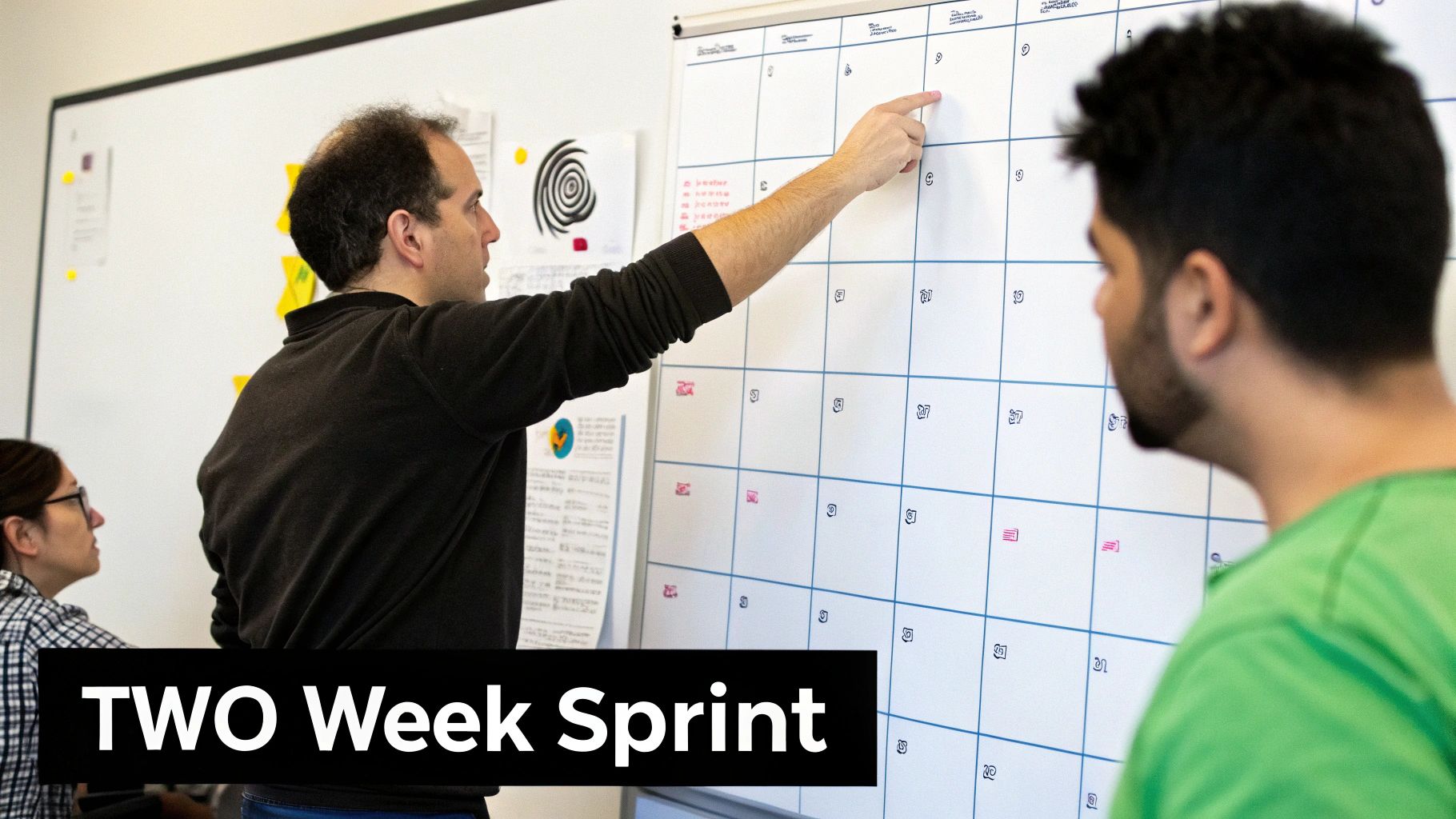 A man points to a calendar on a whiteboard during an agile 'two-week sprint' planning meeting.