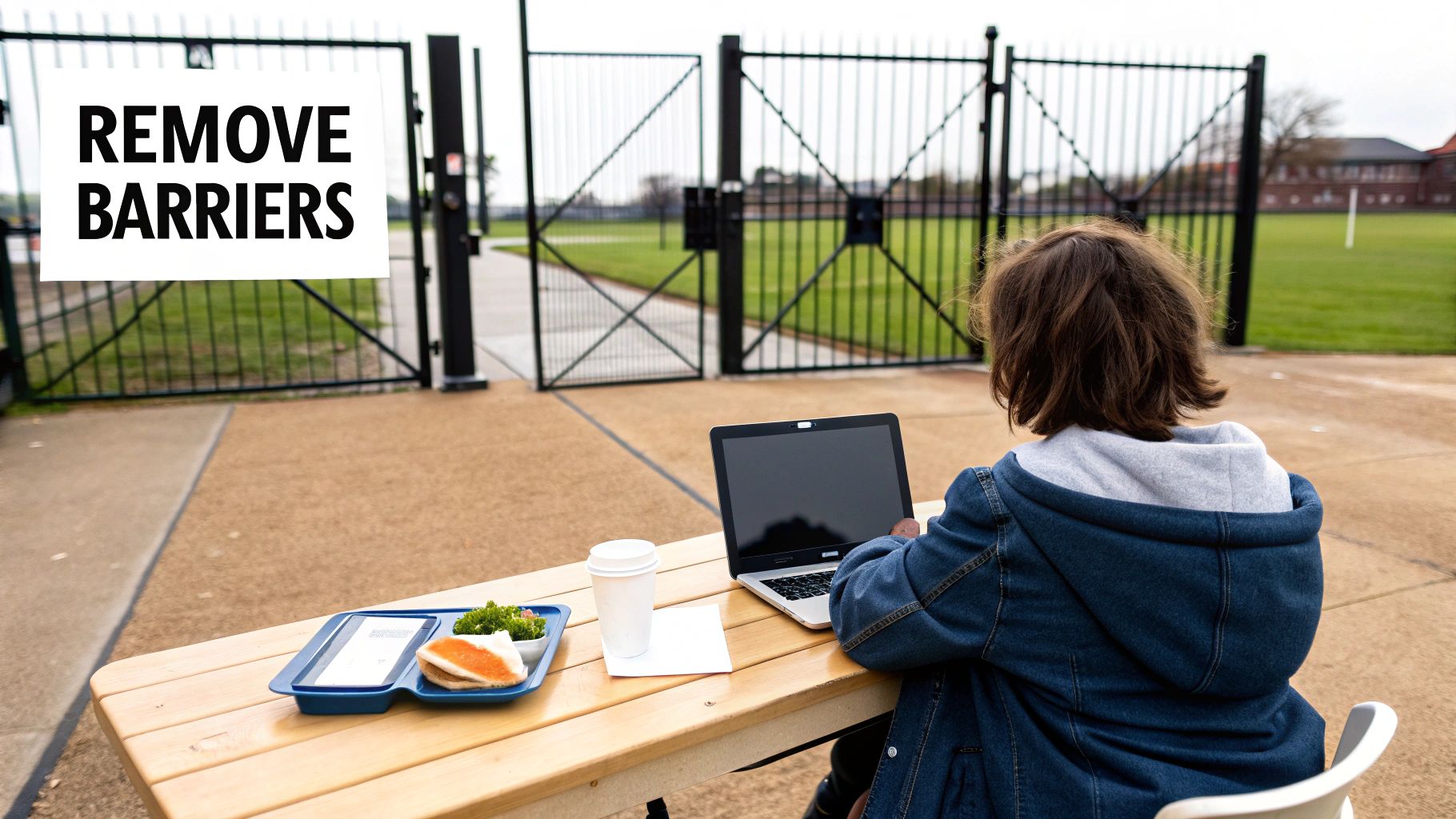 A person works on a laptop outdoors at a wooden table, facing open gates with a 'REMOVE BARRIERS' sign.