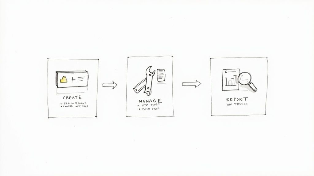 A three-step diagram illustrating a process to create, manage tags, and report insights.