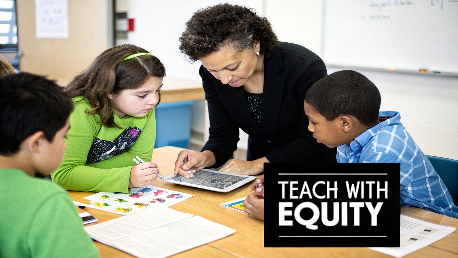 A teacher guides three diverse elementary students using a tablet and learning materials in a classroom.