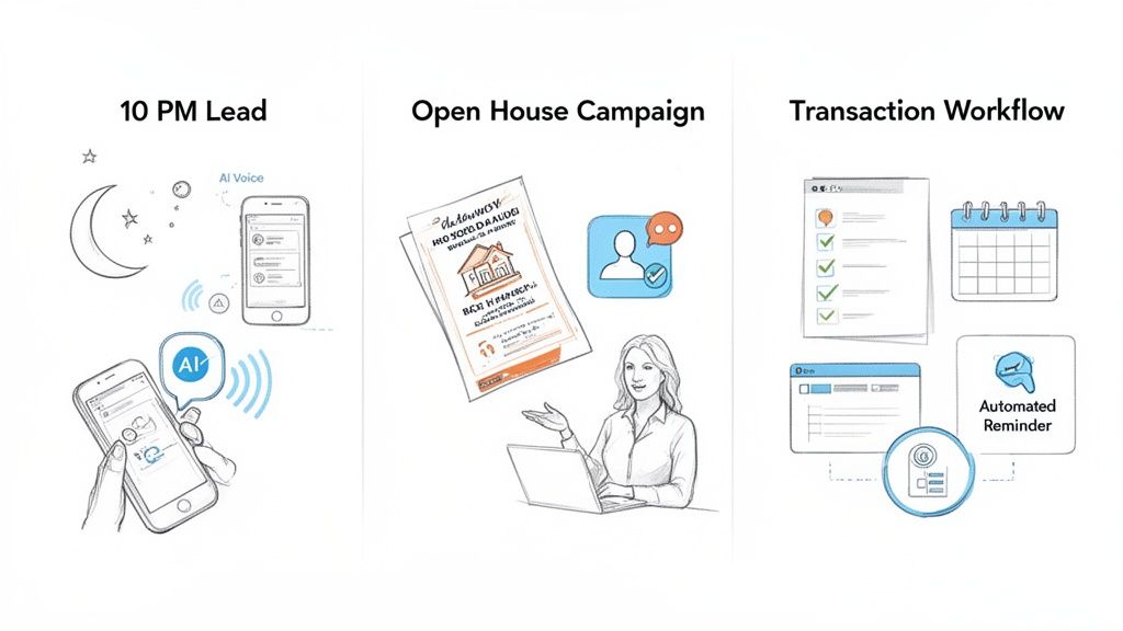 An illustration showing AI and automation assisting real estate agents with lead generation, open house campaigns, and transaction workflows.
