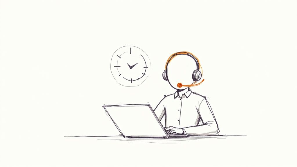 A simple sketch of a virtual receptionist wearing a headset, working on a laptop, with a clock.