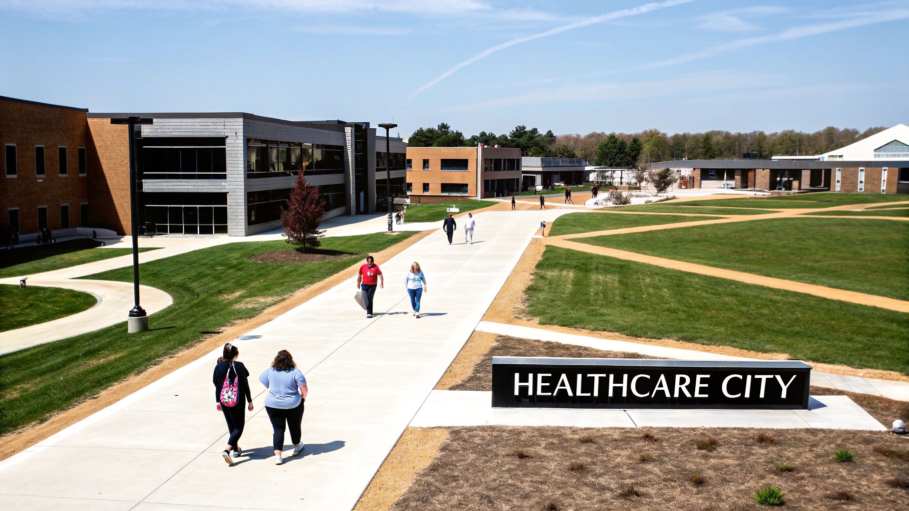 Aerial view of a modern "Healthcare City" campus with various buildings, green lawns, and people walking on pathways.
