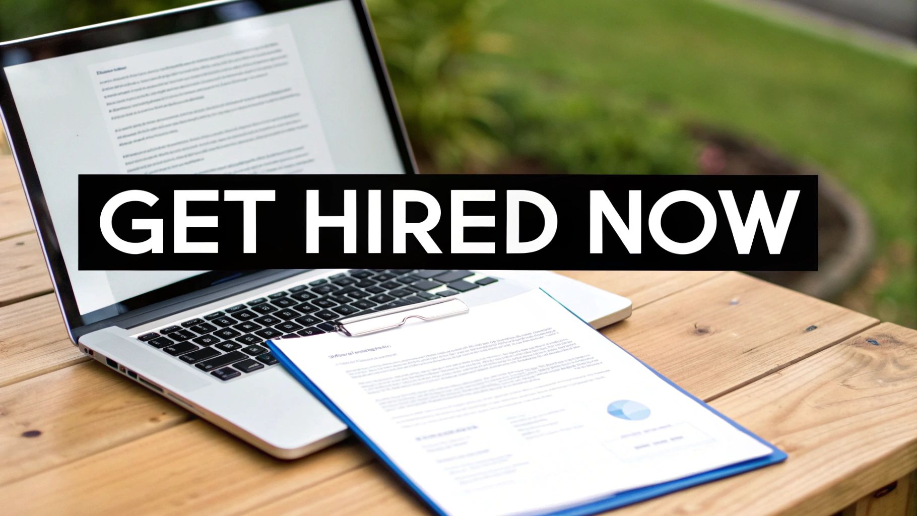 A laptop and a document on a wooden table outdoors with the overlay text "GET HIRED NOW".