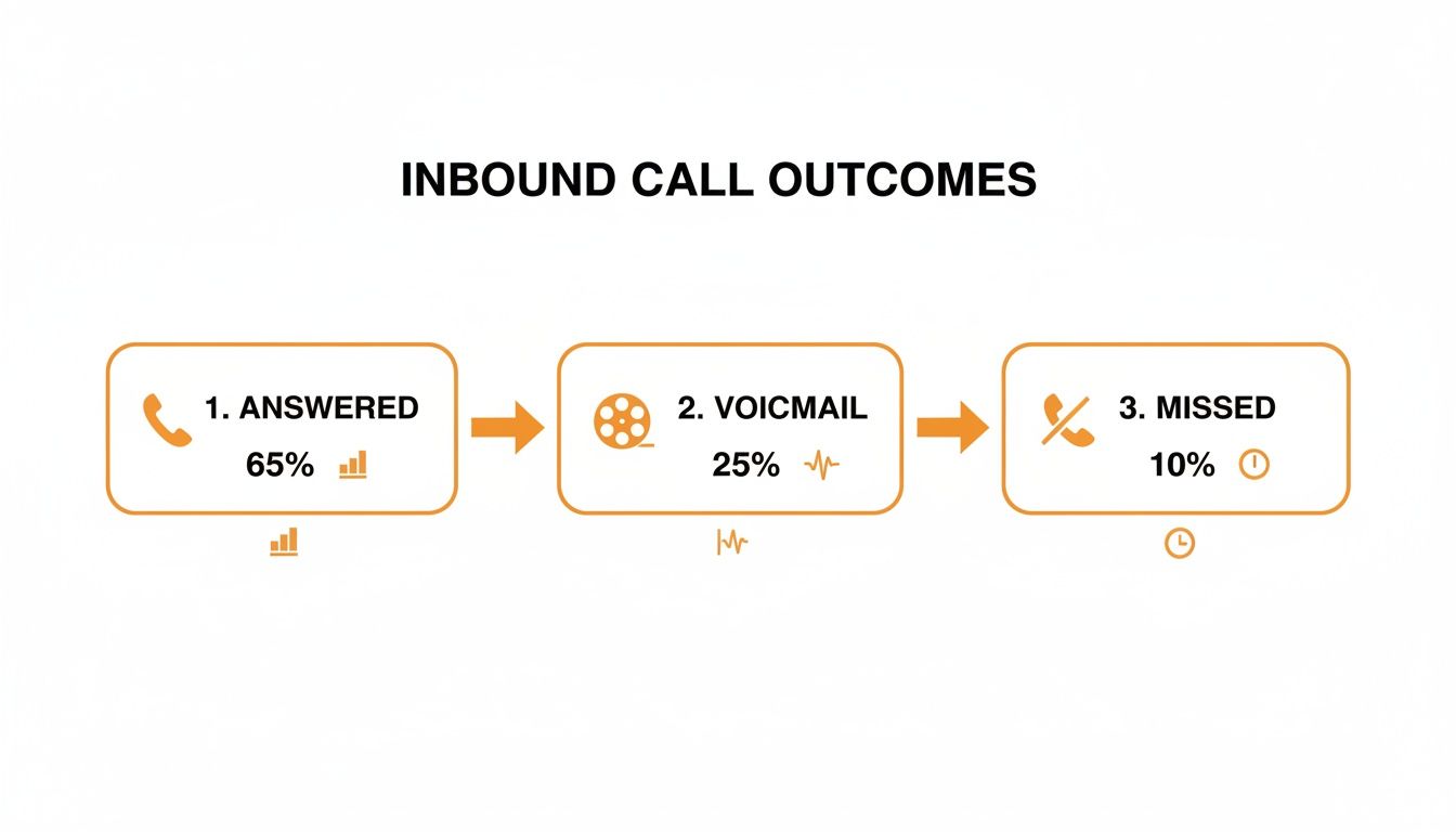Flowchart showing inbound call outcomes: 65% answered, 25% went to voicemail, and 10% were missed.