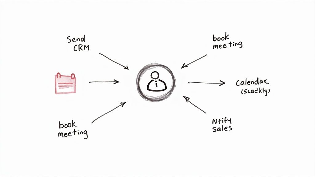 A diagram showing a central person interacting with CRM, meeting bookings, Calendax, and sales notifications.