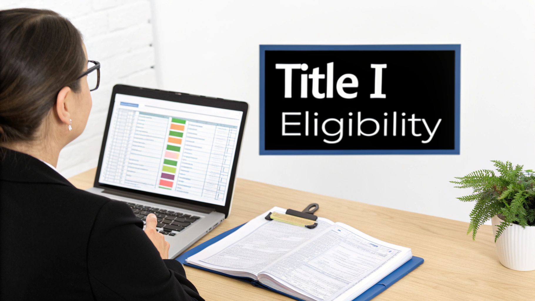 A person works on a laptop at a desk with an open binder and a 'Title I Eligibility' sign.