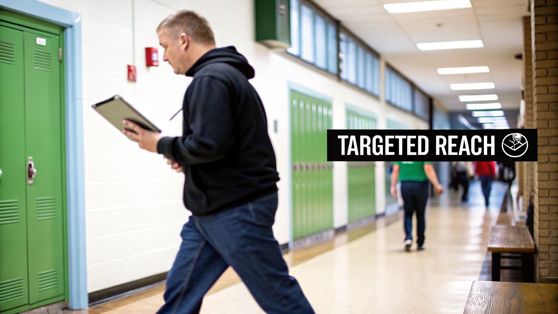 A man in a black hoodie walks down a school hallway, looking at a tablet.
