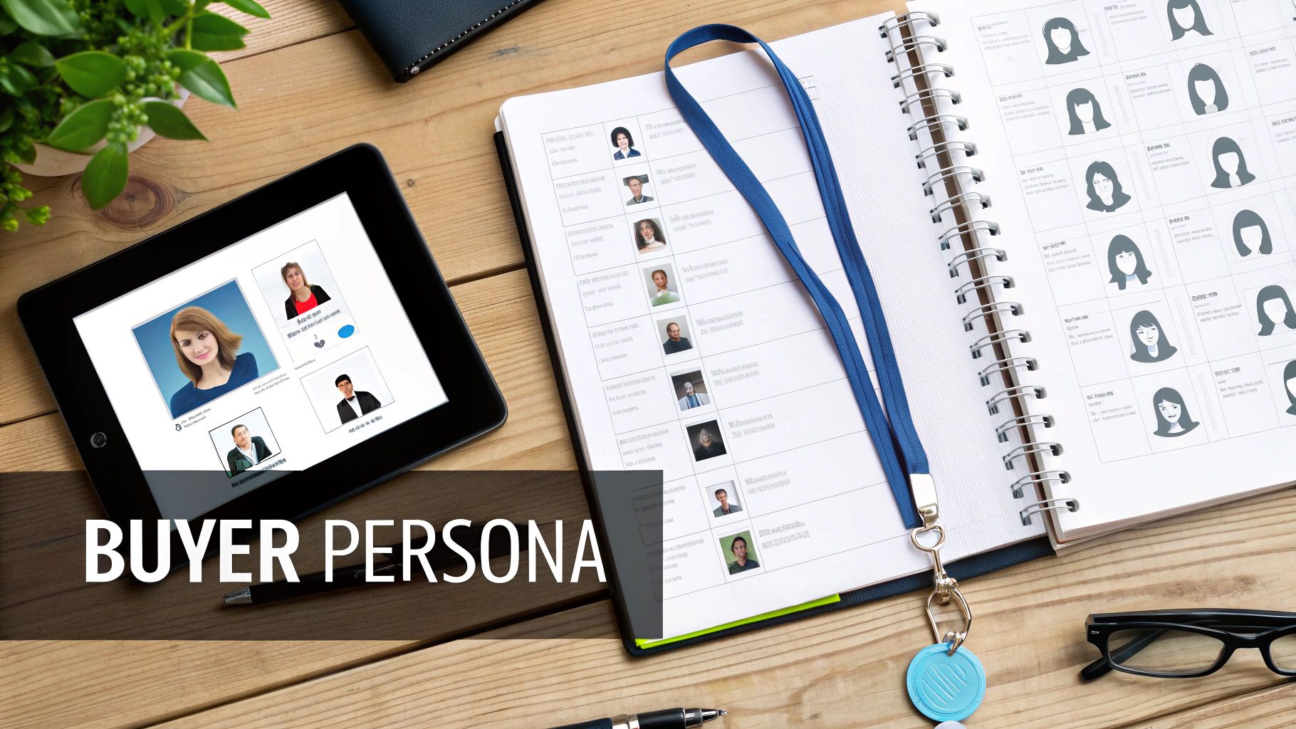 An overhead desk view showing a tablet and notebook displaying various buyer persona profiles for business.