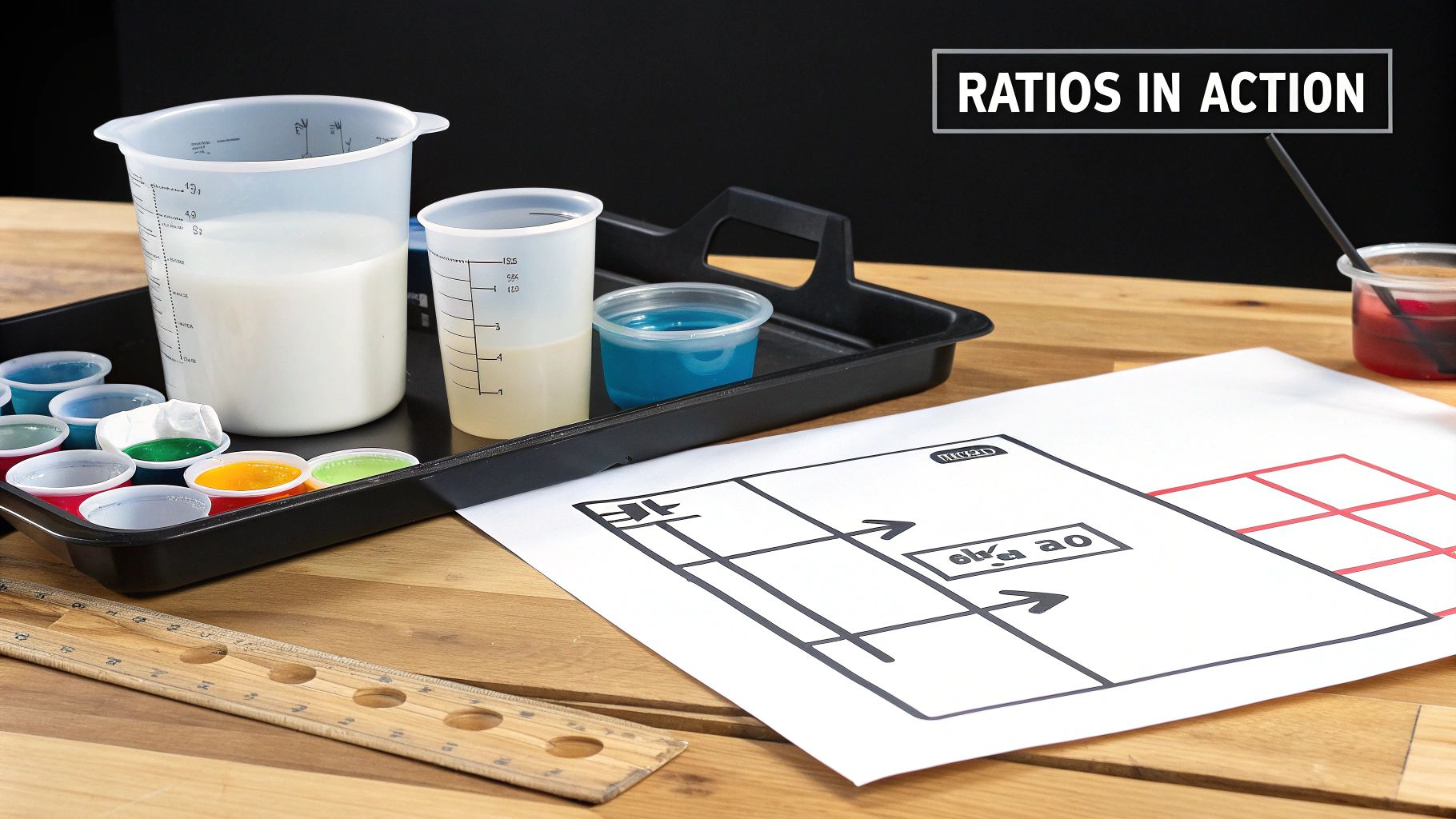 Tabletop setup for a 'Ratios in Action' math lesson with measuring tools, colored liquids, and a diagram.