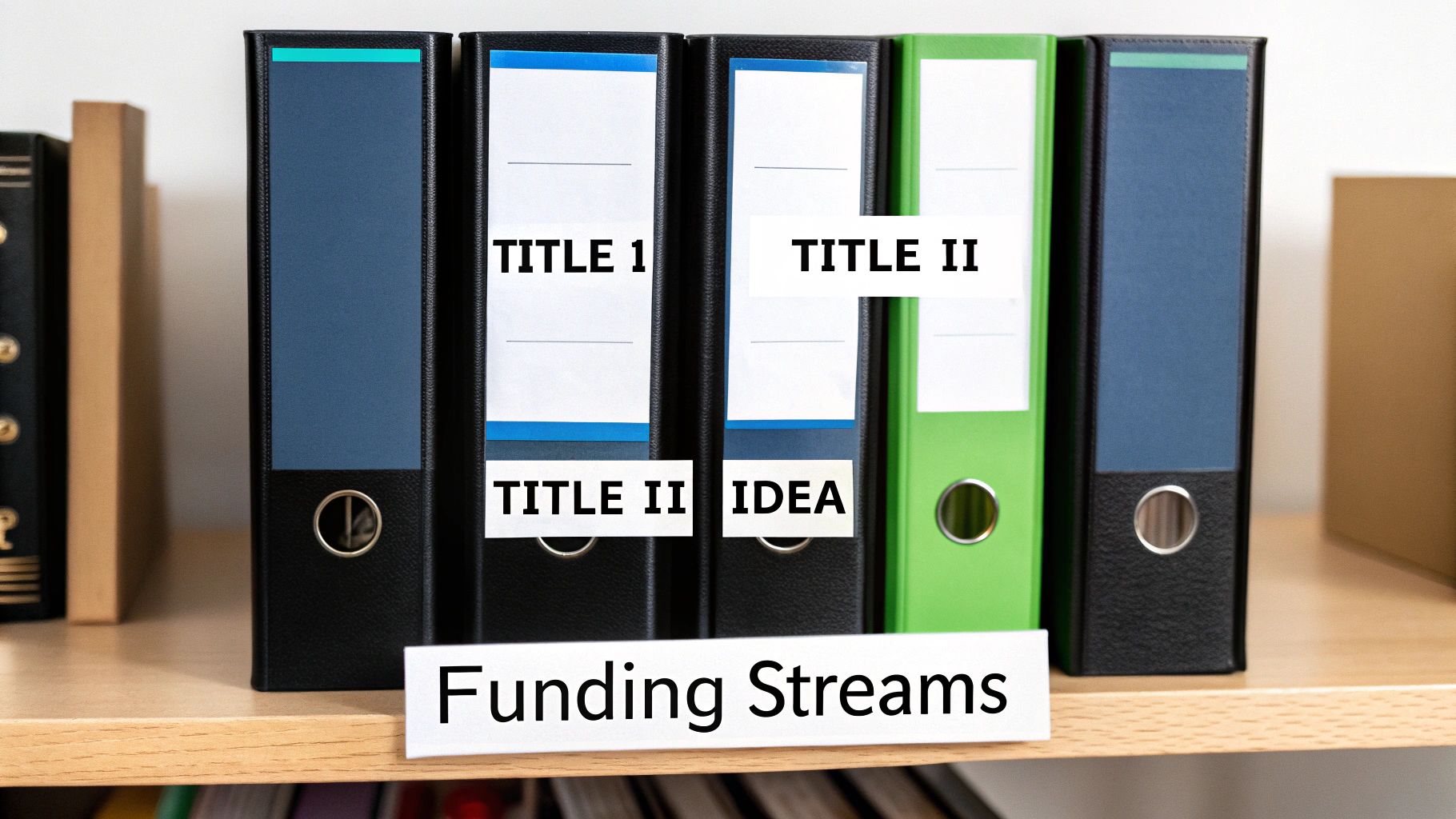 A row of colorful binders on a wooden shelf, some labeled 'TITLE 1', 'TITLE II', 'IDEA', with 'Funding Streams' sign.