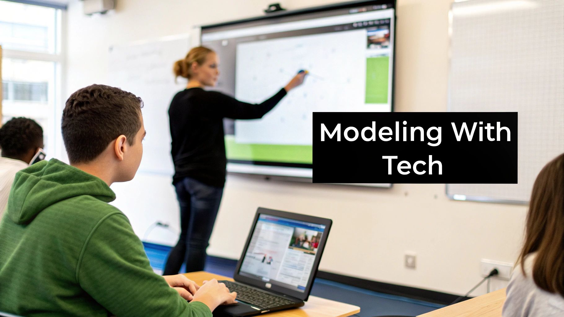 A teacher interacts with a large screen in a modern classroom, while students learn using laptops.