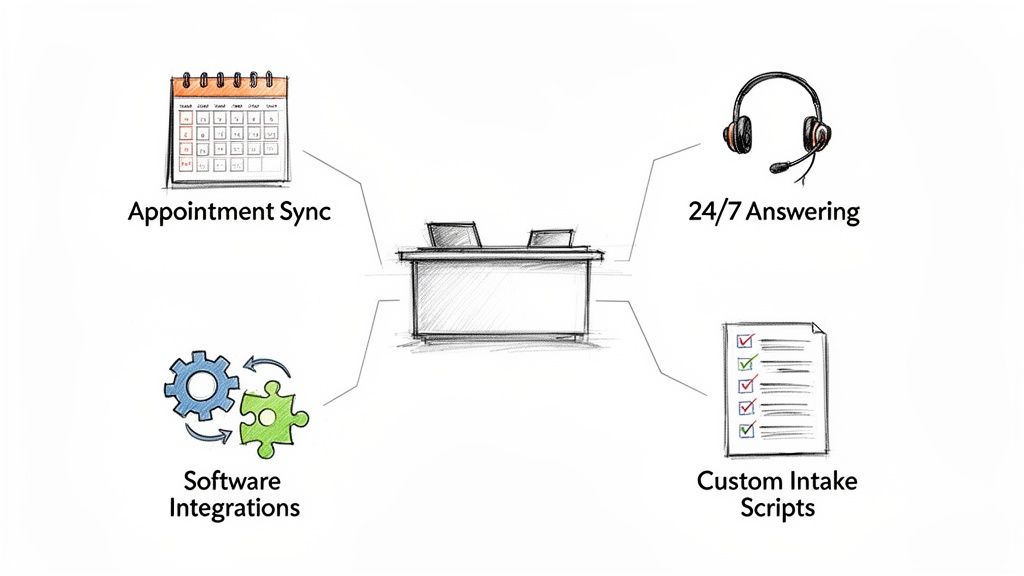 Diagram showing a virtual receptionist desk connected to appointment sync, 24/7 answering, software integrations, and custom intake scripts.