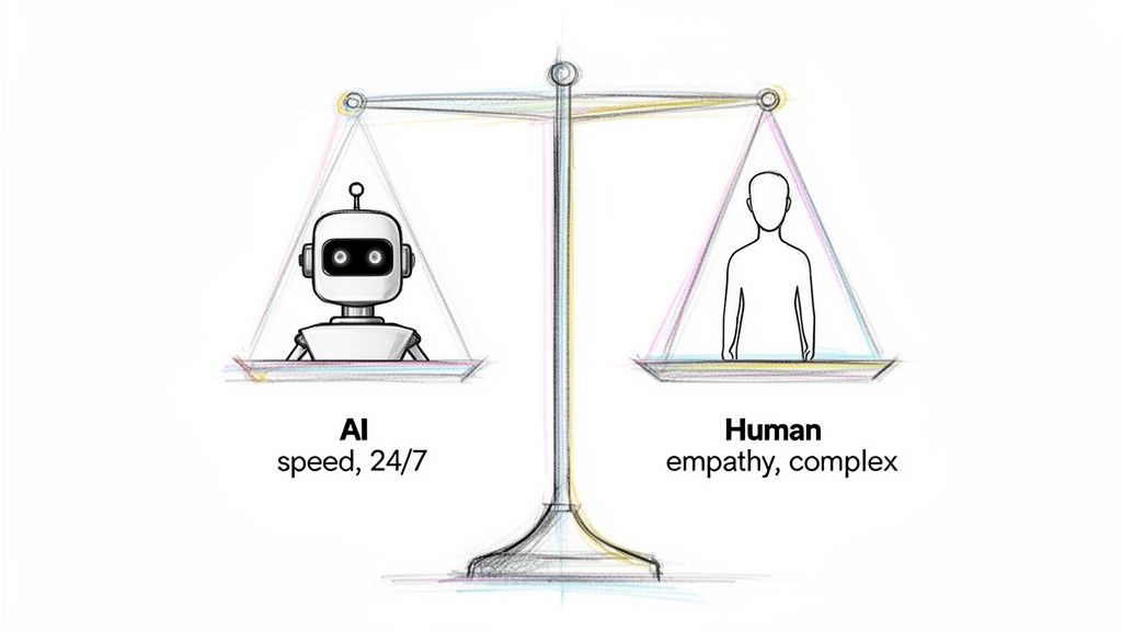 A balance scale illustrating the different strengths of AI (speed, 24/7) and human (empathy, complex) capabilities.