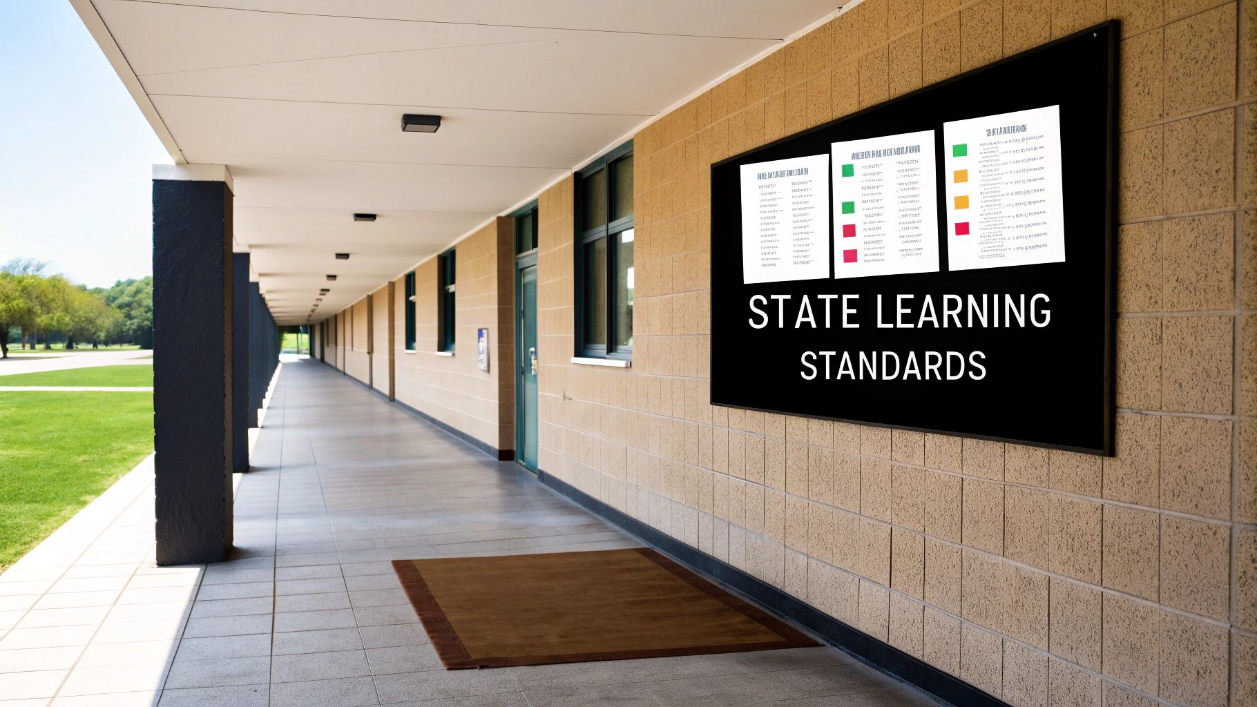 A long outdoor school hallway with a black sign displaying 'State Learning Standards' and charts.