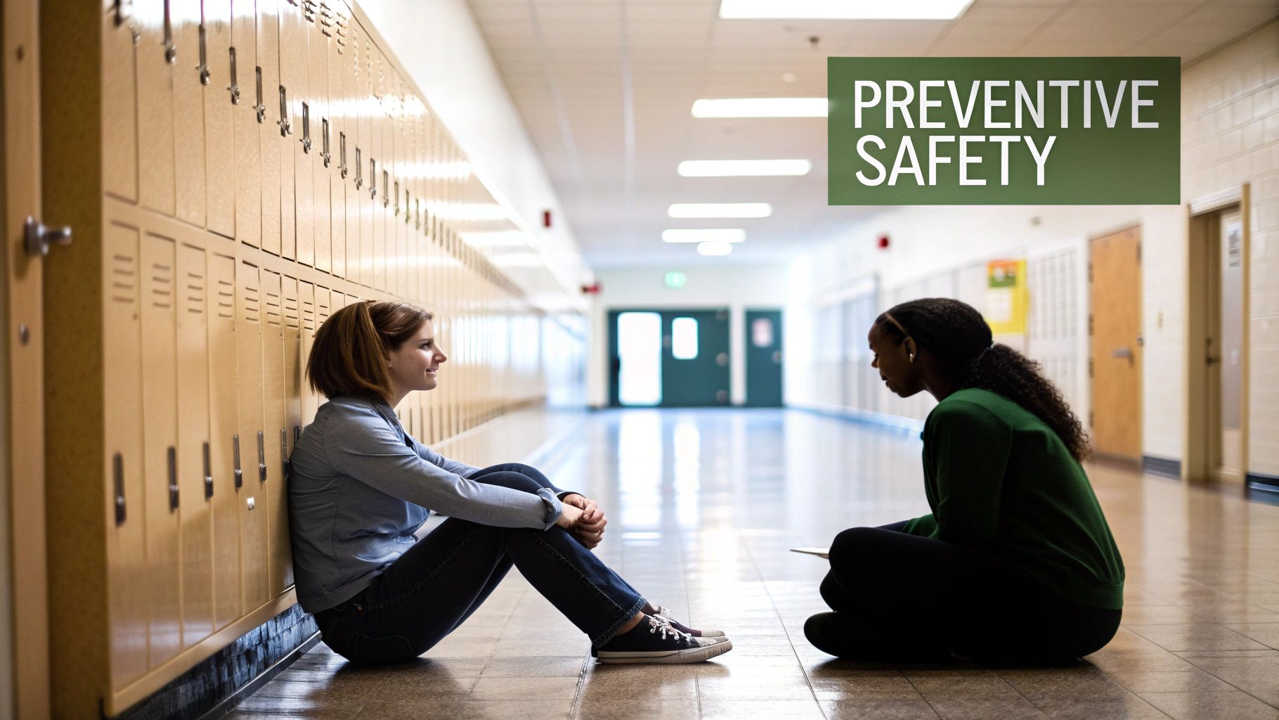 Two students sit on the floor in a school hallway with lockers, a sign reads 'Preventive Safety'.