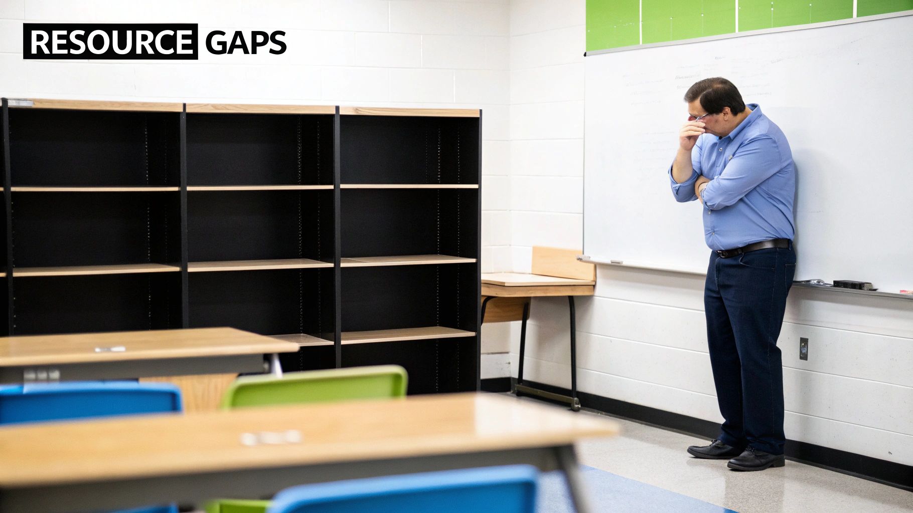 A thoughtful man stands in a classroom with empty bookshelves, highlighting resource gaps.