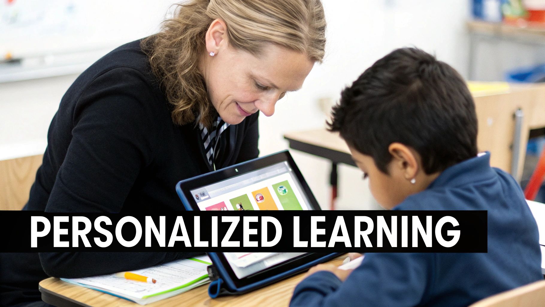 A teacher guides a young student using a tablet for personalized learning in a classroom.
